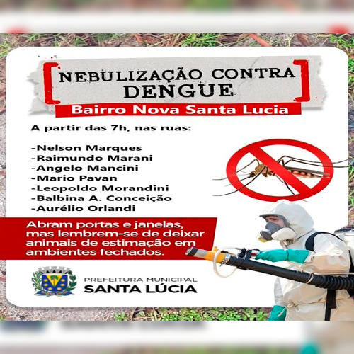 Prefeitura realizará nebulização contra a dengue no Bairro Nova Santa Lúcia